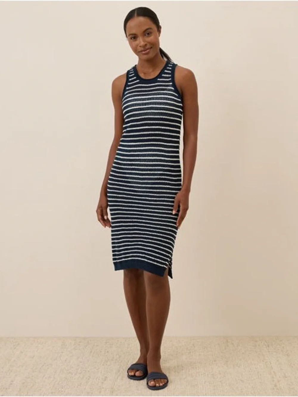Pact Beachside Linen & Cotton Crochet Knit Cover-Up in Navy Capri Stripe